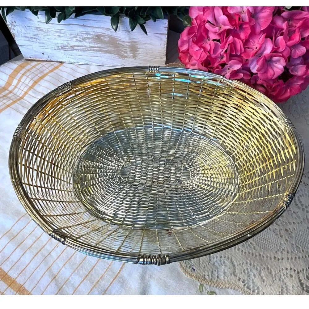 Vintage Silver Plated Metal Basket; oval serving basket MCM